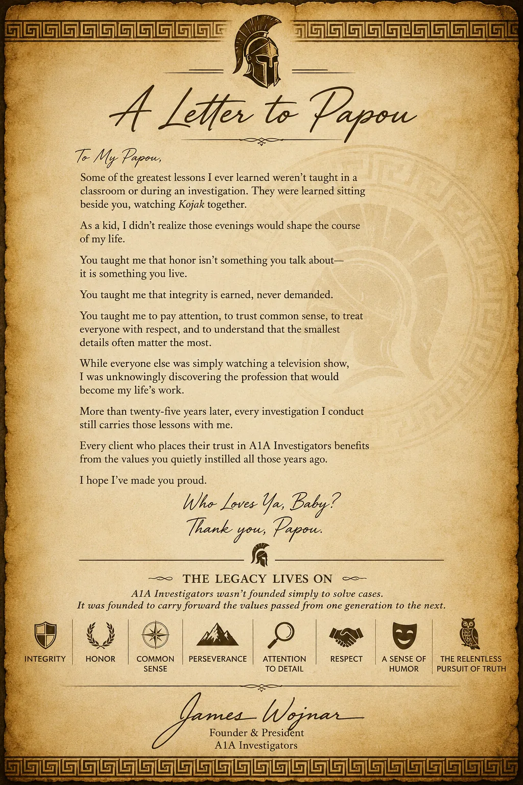 A Letter to Papou parchment tribute with Greek key border and Spartan helmet